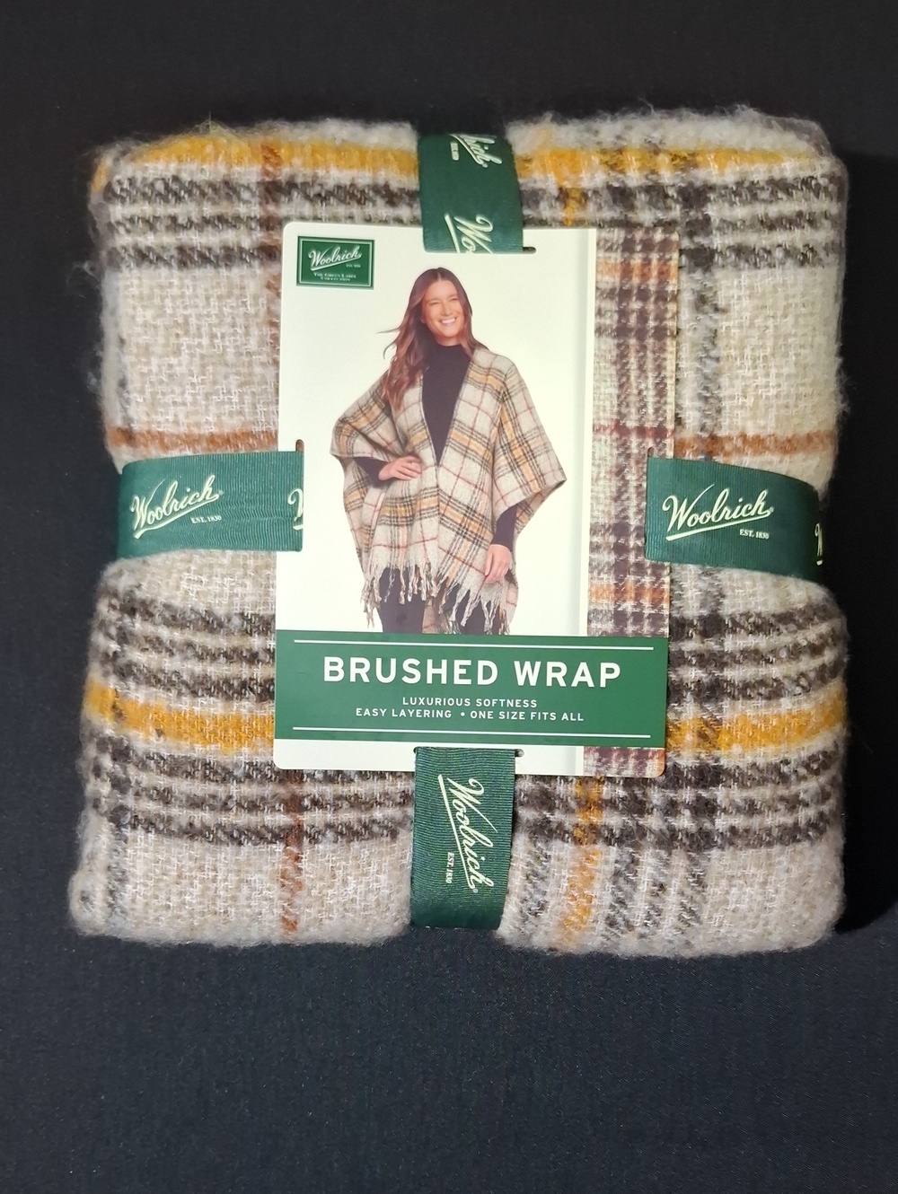 Woolrich Plaid Brushed Wrap in Cream, Brown and Mustard